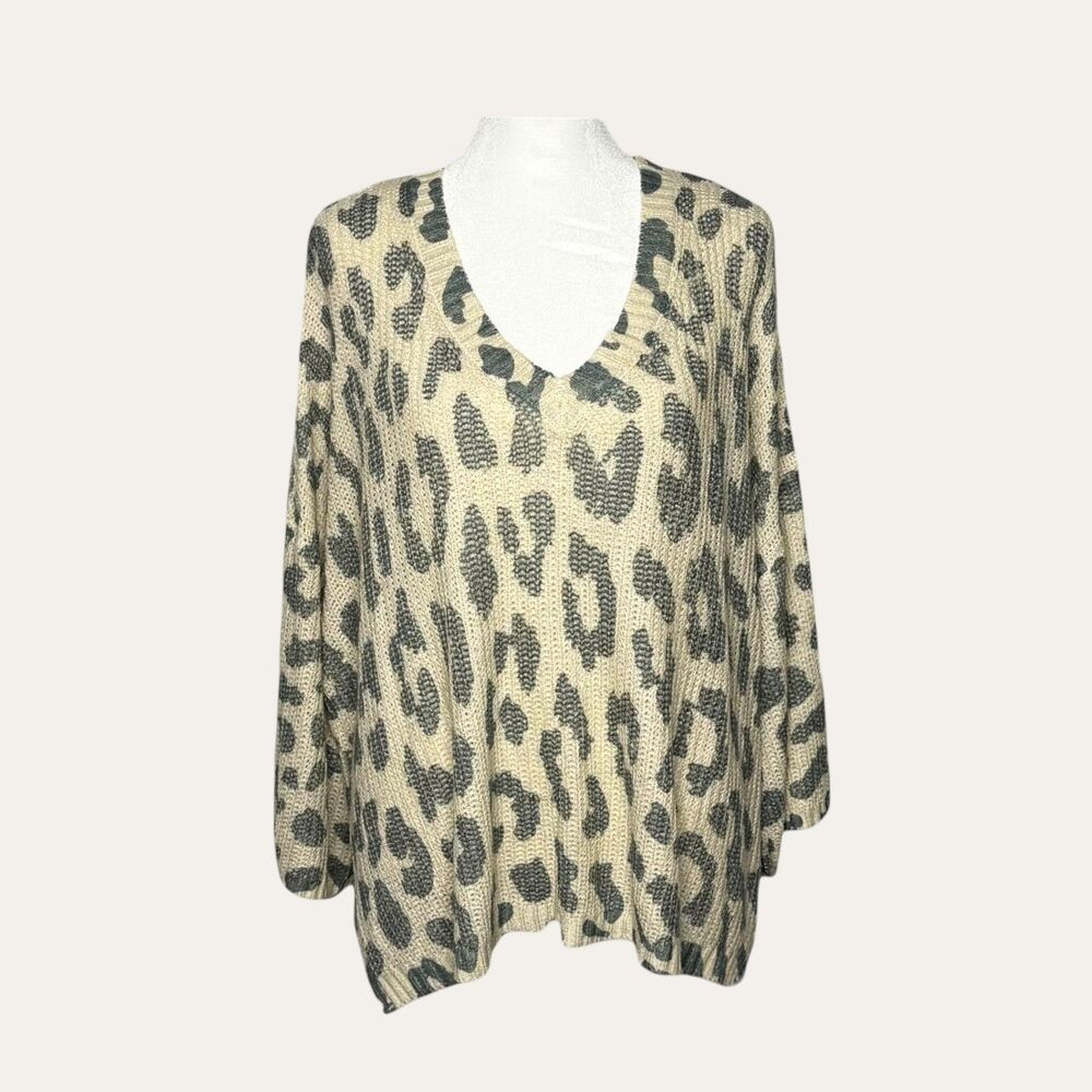 POL Olive Leopard Print Oversized Sweater, Lace-Up Back, Women's Size S.
